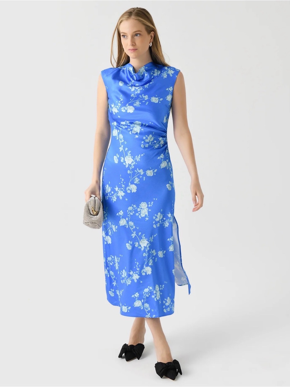 Blue Floral Midi Dress with White Blossom Print